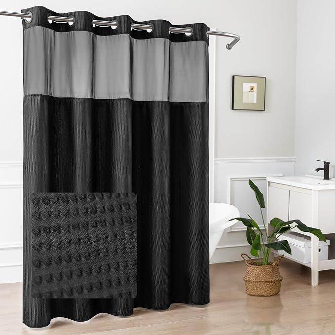 No Hook Black Shower Curtain with Snap-in Fabric Liner 71x74 | Embossed Waffle-Look Textured, Sheer Window, Soft & Lightweight, Water Repellent Fabric Shower Curtain for Bathroom