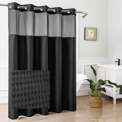No Hook Black Shower Curtain with Snap-in Fabric Liner 71x74 | Embossed Waffle-Look Textured, Sheer Window, Soft & Lightweight, Water Repellent Fabric Shower Curtain for Bathroom