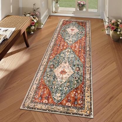 Lahome Felice Boho Tribal 2x6 Washable Runners for Hallways Non Slip, Bohemian Kitchen Mats for Floor, Vintage Bathroom Entryway Carpet Runner for Laundry Living Bedroom (Rust/Dull Teal,2x6ft)