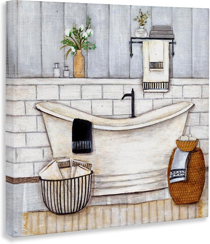 Bathroom Farmhouse Tub Floral, 17 x 17 Inch Canvas Wall Art | Stupell Industries · By Yellow Cafe · Ready to hang · Charming bath and laundry decor · Made in USA
