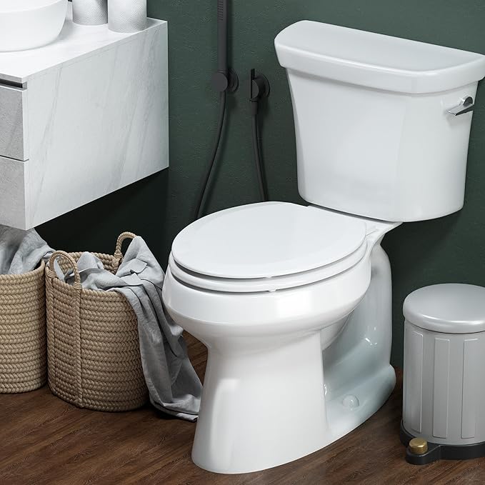 Elongated Toilet Seat Angol Shiold Quiet-Close Molded Wood Toilet Seat with Non-Slip Adjustable Hinges, Anti-Pinch Bumpers, Easy Install & Clean（White, Elongated 18.5''）