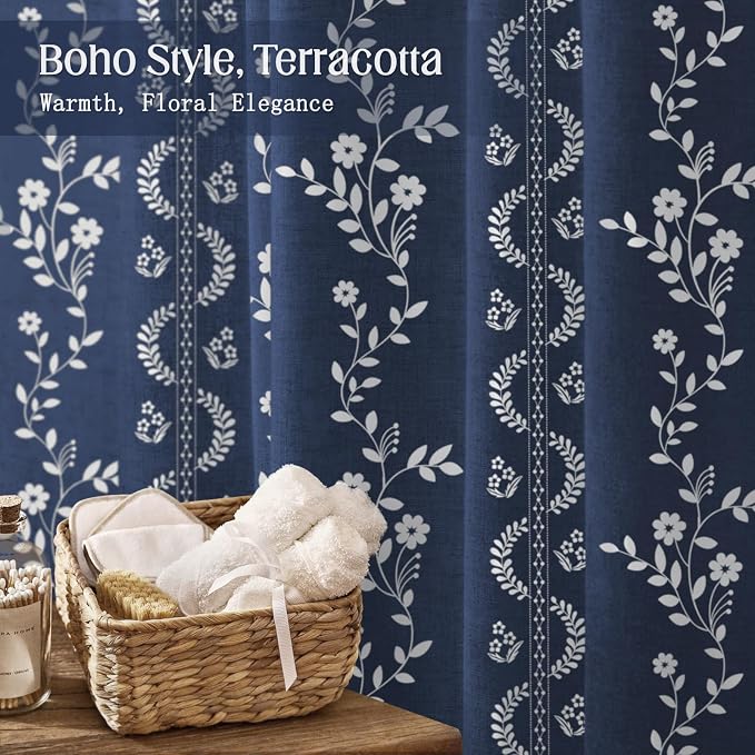Vintage Boho Blue Shower Curtain, Floral Linen Patterned Shower Curtains for Bathroom with Tassels, 72 x 72