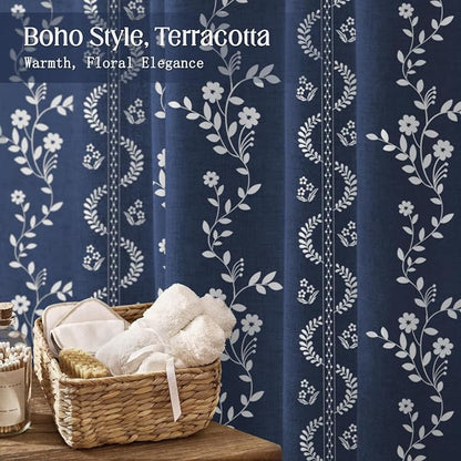 Vintage Boho Blue Shower Curtain, Floral Linen Patterned Shower Curtains for Bathroom with Tassels, 72 x 72