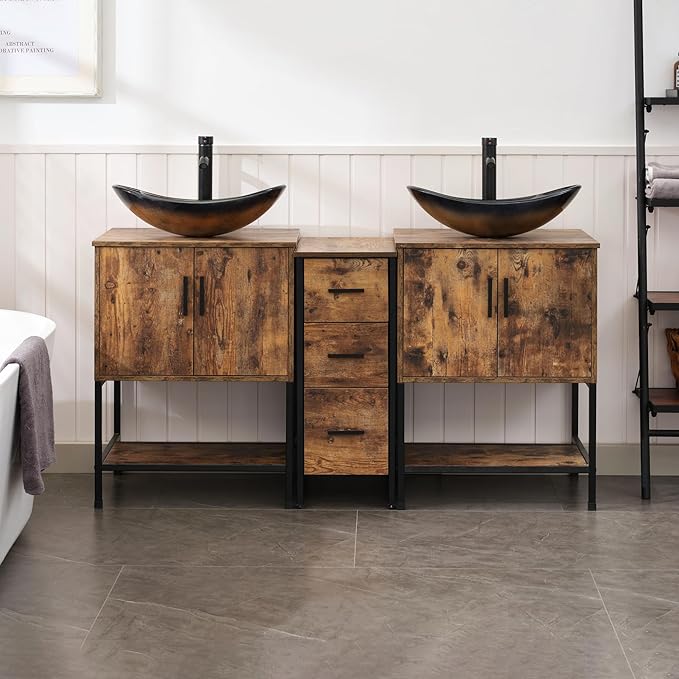 UEV Rustic Brown 60" Double Bathroom Vanity with Sink Combo,Industrial Iron Frame 2 Main Bathroom Vanity with Middle 3 Drawers Cabinet,Modern Champagne Boat Tempered Glass Vessel Sink(029CH)