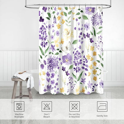 Purple Yellow Floral Shower Curtain 60x72, Cute Flower Fabric Shower Curtains for Bathroom, Wildflower Butterfly Cloth Shower Curtain Set with Hooks