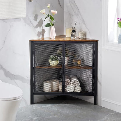 VECELO Corner Cabinet/Table, 3-Tier Shelves with Protection Door, Metal Frame Storage Shelf Organizer for Small Space, Living Room, Kitchen, Bathroom