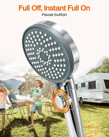 RV Shower Head with Hose, High Pressure Handheld RV Shower Head Replacement with On Off Switch,5 Modes,Power Jet, Camper Showerhead for RV, Travel Trailer, Motorhome,Boat,Silver