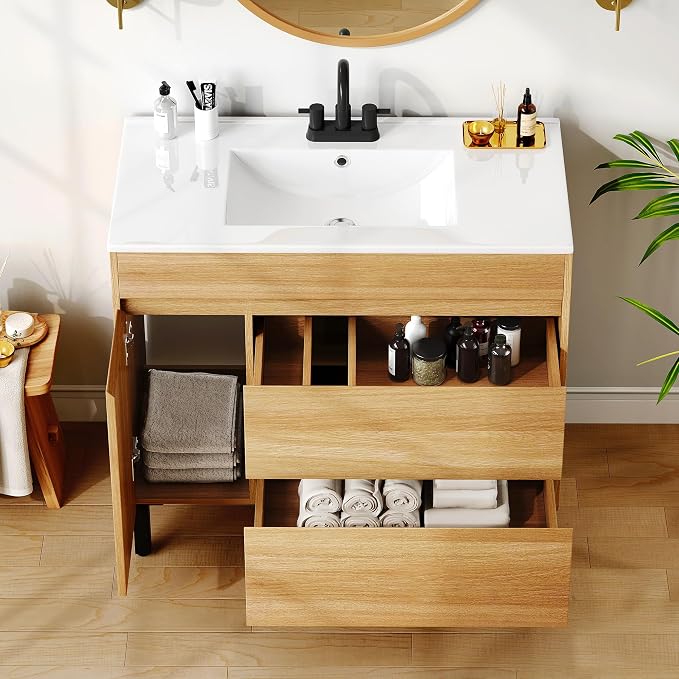 DWVO 36 Inch Bathroom Vanity with Sink | Bathroom Vanity Cabinet, Modern Bathroom Storge Vanity Includes Soft Closing Door, 2 Drawers & Drain