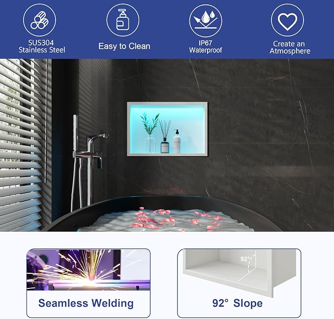 White Stainless Steel Shower Niche 18x12Inch, Dimmable RGB Led Light Wall Niche, No Tile Needed Recessed for Bathroom Storage Built-in Installation