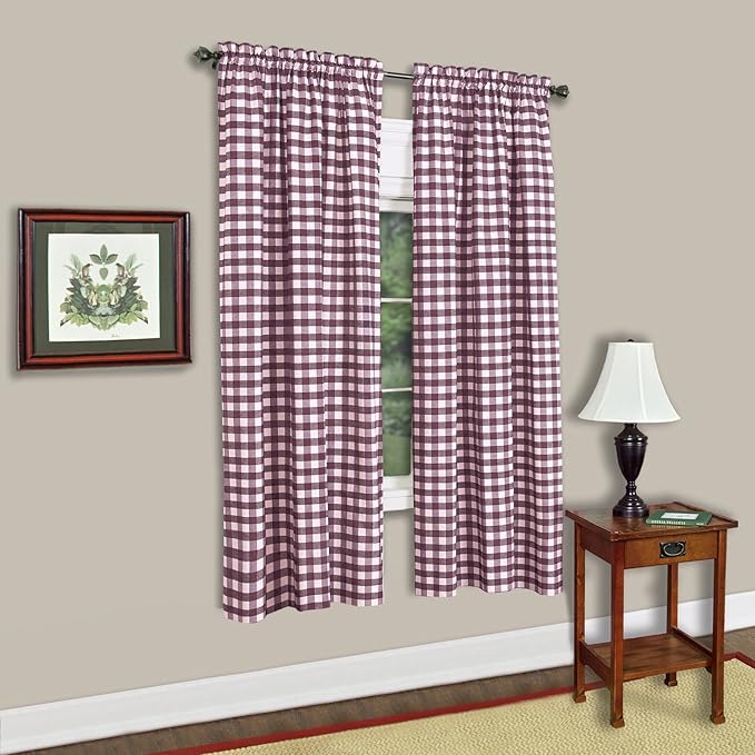 Sweet Home Collection Kitchen Window Curtain Panel Treatment Decorative Buffalo Check Design 63" Long Burgundy