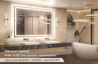 Keonjinn 60" x 40" Lighted Mirror for Bathroom Wall, LED Mirror with Frontlit & Backlit, Large Bathroom Mirror with Lights, Dimmable 3-Color Lights, HD Tempered Glass, UL-Listed LED Driver