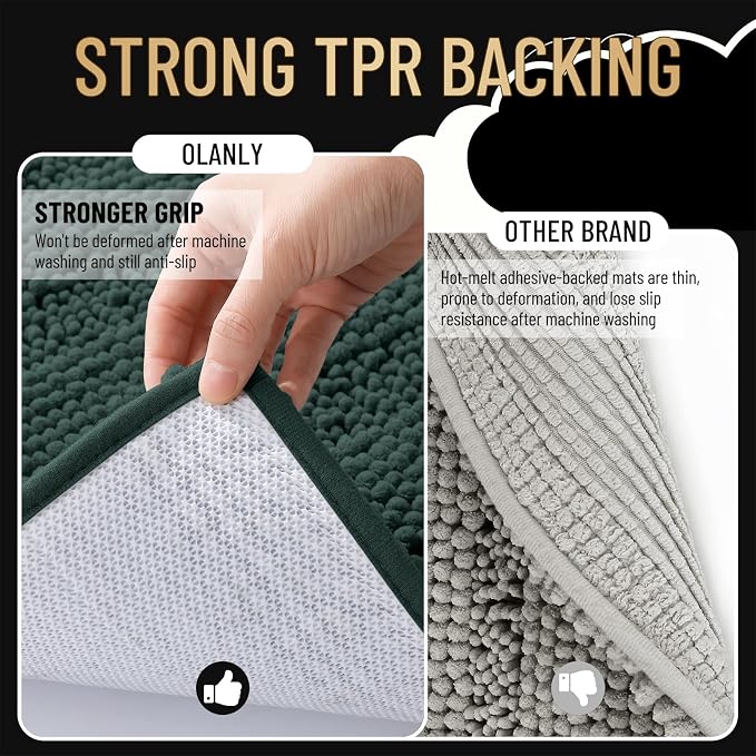 OLANLY Thick Bathroom Runner Rugs 44x24, Chenille Bath Rugs, Blackish Green | Absorbent Striped, Rubber Backing, Machine Wash, Long Bath Mats for Bathroom Floor, Tub and Shower, Home Decor Accessories