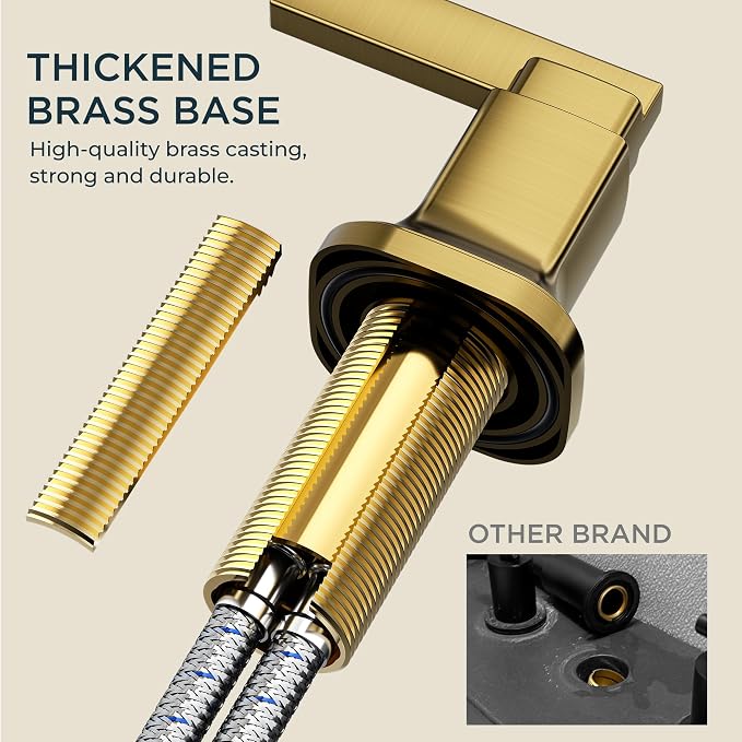 FORIOUS Bathroom Faucet 3 Hole Widespread Sink Faucets Brushed Gold | 3-hole 4-12 Inch Widespread Sink, Square Waterfall Spout, with Drain and Hoses,for Vanity Rv Commercial Lavatory Restroom