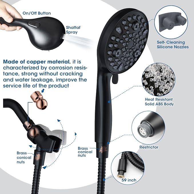 Shower Head with Handheld,High Pressure, 10 Spray Modes, Black | High Pressure Shower Head With 10 Spray Modes, Stay Clean Nozzles, Power Wash for Tub, Tile & Pets, Long 5 ft Hose