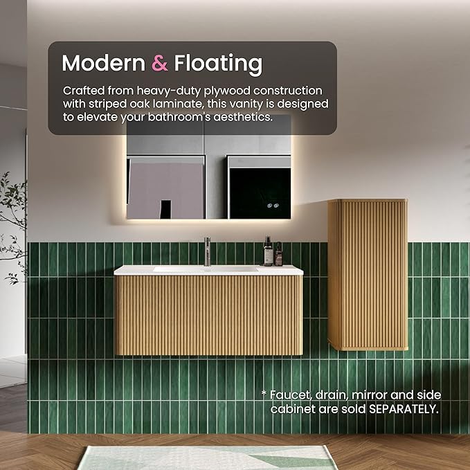 36" Bathroom Vanity with Sink, Modern Floating Vanity with Push Open Soft Close Drawer, Large Storage for Bathroom, Apartment, Hotel, Natural Oak, Fully Assembled - Camellia Collection
