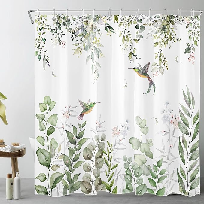 HVEST Sage Green Plant Shower Curtain and Bathroom Rugs, Eucalyptus Leaves with Floral and Hummingbird on White Shower Curtain with Bath Mat, 70X70 inches Green Botanical Shower Curtain Set