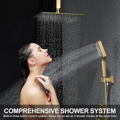 Bathtub Shower Faucet Set with Pressure Balance Valve, 12" Ceiling Mount Shower System with Tub Spout Multi-function Handheld Head Push Button Diverter Shower Trim Kit, Brushed Gold