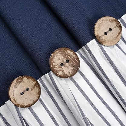 DOSLY Ides Farmhouse Navy Blue and Beige Stripe Shower Curtain for Bathroom, Cotton Blend Woven Fabric with Button, Rustic Charm Country Chic Style, 72x84 in