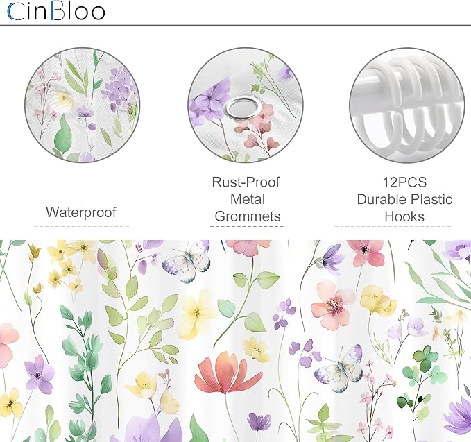 Cute Floral Purple Lilac Flower Wildflower Bathroom Shower Curtain Set | 72"W x 72"H Plants Leaves; waterproof HD print, quick-dry fabric and plastic hooks for easy setup.