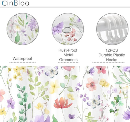 Cute Floral Purple Lilac Flower Wildflower Bathroom Shower Curtain Set | 72"W x 72"H Plants Leaves; waterproof HD print, quick-dry fabric and plastic hooks for easy setup.