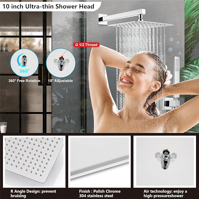 Midanya Shower Faucet Set,Wall Mount Shower System with Square Rain Shower Head and Hand Sprayer, Rough-in Valve Body and Trim Kit Included,10 Inch,Polish Chrome
