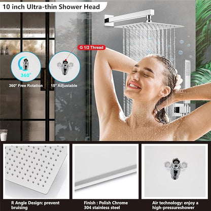 Midanya Shower Faucet Set,Wall Mount Shower System with Square Rain Shower Head and Hand Sprayer, Rough-in Valve Body and Trim Kit Included,10 Inch,Polish Chrome