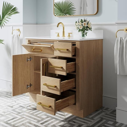36-Inch Bathroom Vanity with Sink W/ 2 Doors & 4 Drawers & 1 Flip Drawer, Oak Vanity W/Brushed Gold Handles