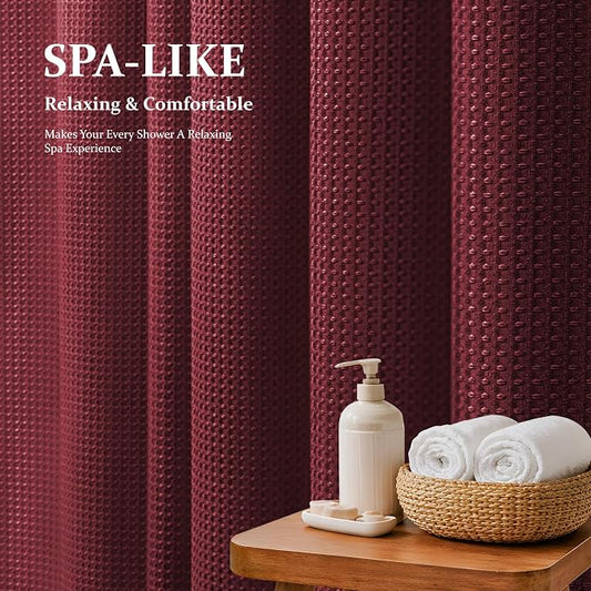 Waffle Shower Curtain 256 GSM Heavy Duty Fabric 72"x72" Burgundy | Thick Textured Cloth, Weighted Hem, Water Repellent Washable, Hotel Luxury Polyester Shower Curtain Set for Bathroom 12 Hooks