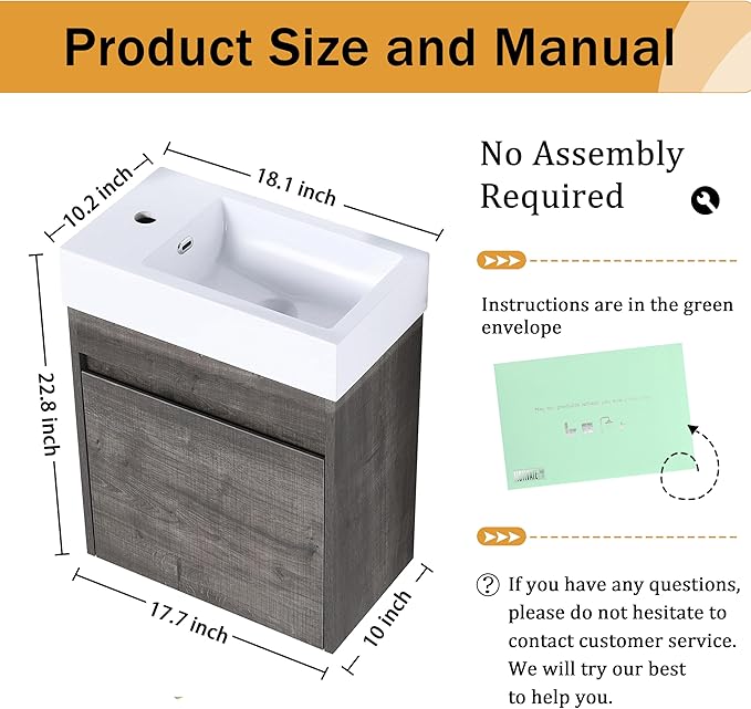 Malwee 18" Floating Bathroom Vanity with Sink, 18 Inch Wall Mounted Bathroom Cabinet Single Sink Combo, with 1 Soft Close Door and White Resin Basin Top for Small Space, Space-Saving Design (005-18)