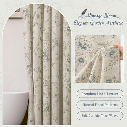 Farmhouse Floral Linen Shower Curtain, Vintage Blue and Brown Pattern Rustic Shower Curtains for Bathroom,72x72