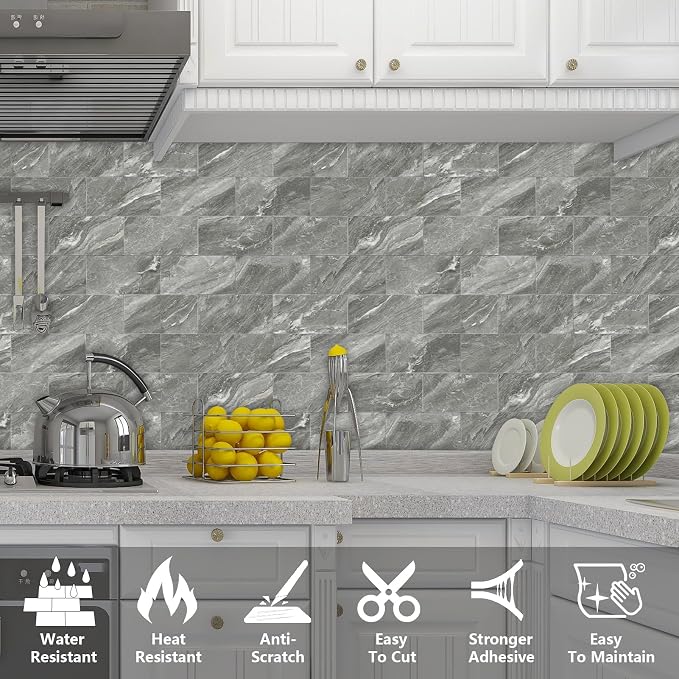 URCOLOR 32-Piece Peel and Stick Backsplash Wall Tile, 4"x 8" PVC Glossy Dark Gray Marble Stick on Subway Tiles for Kitchen, Bathroom, Laundry Room, Camper, Fireplace