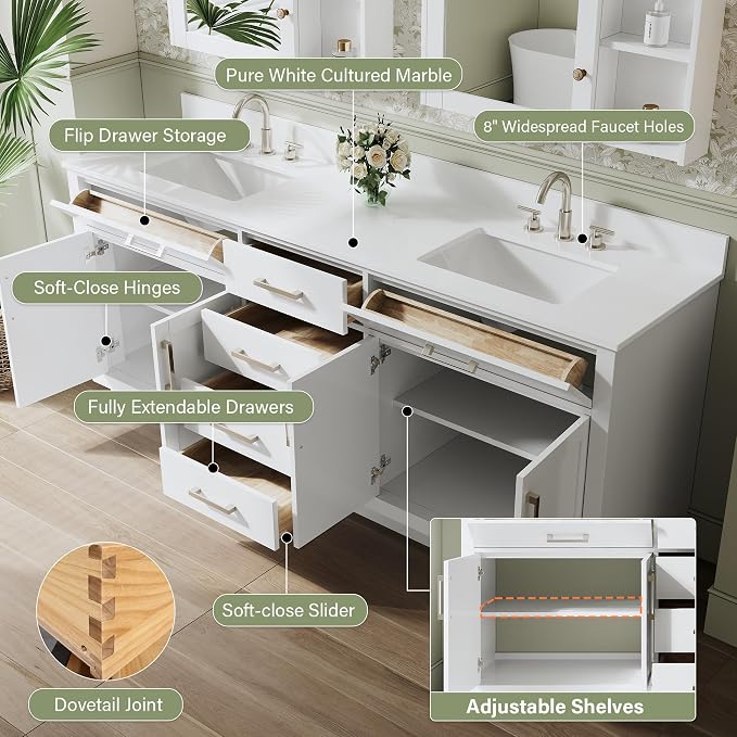 80-Inch Bathroom Vanity with Double Sinks W/ 4 Doors & 4 Drawers & 2 Flip Drawers, White Vanity W/Brushed Nickel Handles