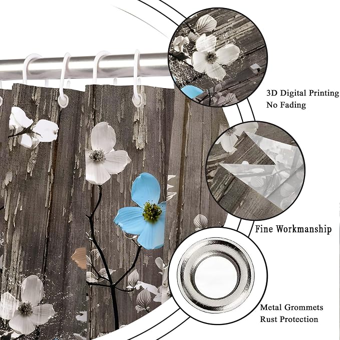 Rustic Shower Curtain Set Grey Watercolor Flower Bath Curtain 12 Hooks Country Farm Style Fabric Wooden Background Waterproof Shower Curtains 72×72 Inches