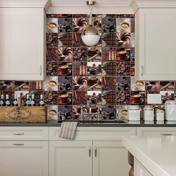 Alwayspon Vinyl Sticker Peel and Stick, Self-Adhesive Wall Tile Transfers Backsplash Sticker Decal for Kitchen Bathroom, 6x6inch/15x15cm 10Pcs, Chocolates T044