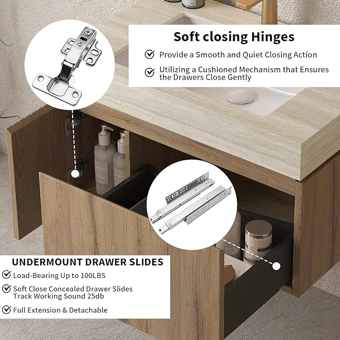 LKTART Floating 30 Inch Bathroom Vanity with Sink, Modern Plywood Wall Mounted Bathroom Storage Cabinet with 1 Door and 1 Drawer, Roma Travertine-Pattern Sintered Stone Countertop and Ceramic Basin