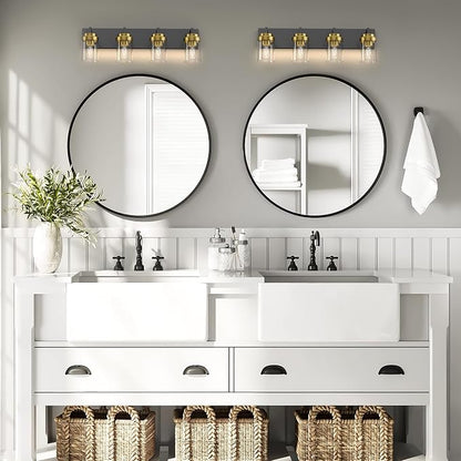 Bathroom Lighting Fixtures, 4-Light Bathroom Vanity Lights Over Mirror, Black and Gold Vanity Light with Glass Shade, Modern Vanity Lighting Fixtures for Bathroom, Bedroom, Hallway