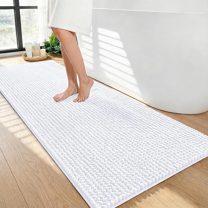 OLANLY Thick Chenille Bathroom Runner Rugs 47x24, Absorbent Bath Mat, White | Soft Bath Rugs, Rubber Backing, Machine Wash Dry, Bath Mats for Bathroom, Tub and Shower, Home Decor Accessories