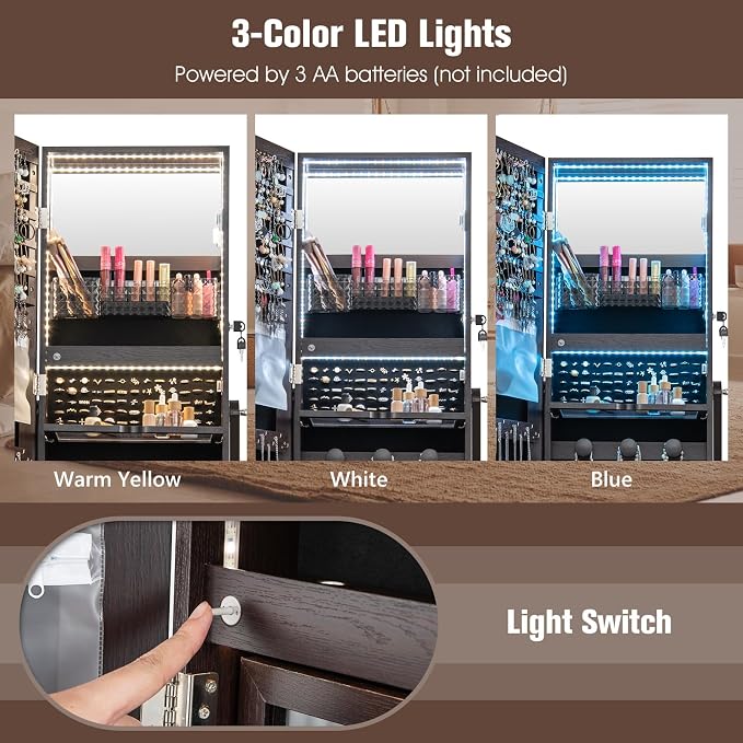CHARMAID Rolling Jewelry Armoire with Full Length Mirror, Lockable Standing Jewelry Cabinet Organizer with Wheels & 3-Color Lights, Mirror with Jewelry Storage, Drawers & Shelves (Espresso)