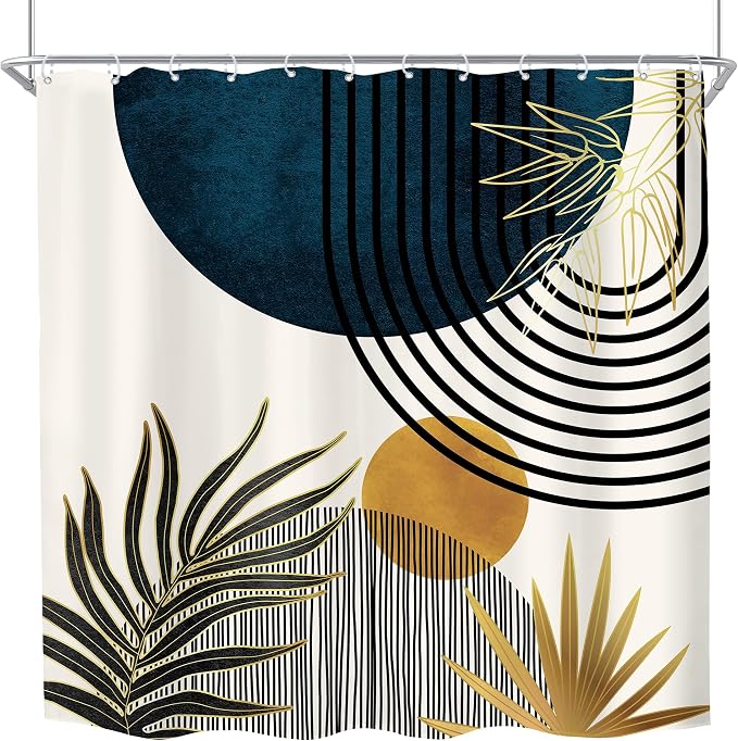KOMLLEX Mid Century Blue Boho Abstract Modern Bathroom Shower Curtain Set | 72Wx72L Plant Botanical design, waterproof HD print with fast-drying fabric and 12 hooks.