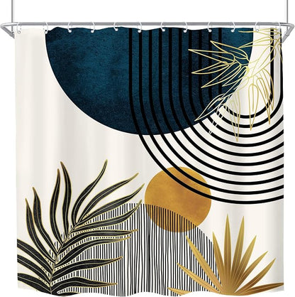 KOMLLEX Mid Century Blue Boho Abstract Modern Bathroom Shower Curtain Set | 72Wx72L Plant Botanical design, waterproof HD print with fast-drying fabric and 12 hooks.
