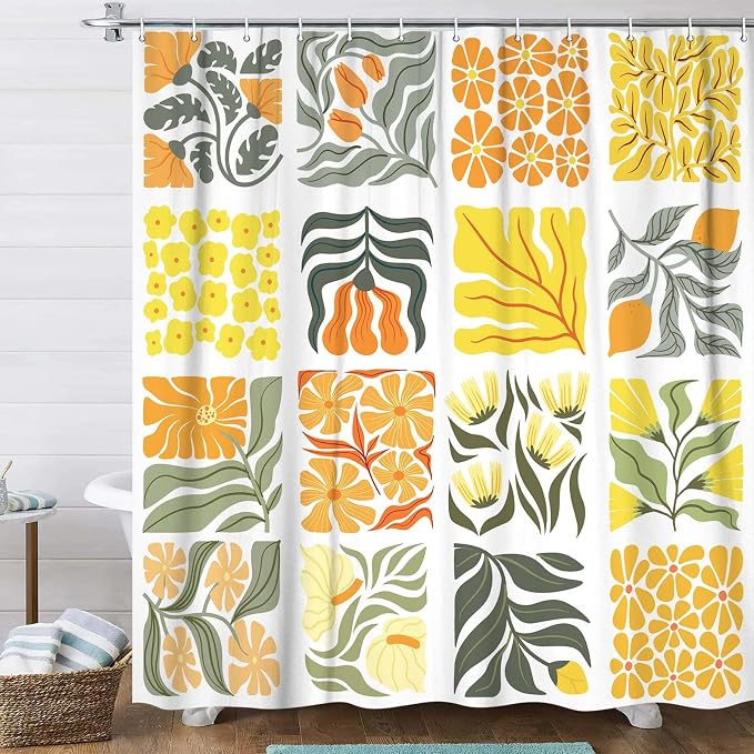 JAWO Cute Boho Floral Shower Curtain, Vintage Yellow Abstract Floral Retro Aesthetic Plant Shower Curtain for Bathroom, Funky Unique Waterproof Fabric Polyester Bath Curtains Decor with Hooks,48Wx70H