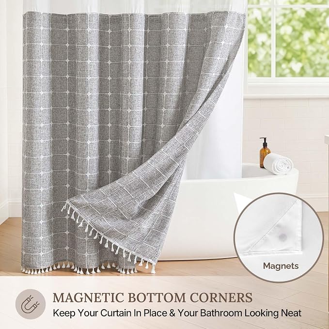 RiverDream Farmhouse No Hooks Shower Curtain with Snap-in Liner,Khaki,71x74 | Snap on Fabric Liner,Heavy Duty,Quick Dry,Mesh Top Window,With Bottom Magnets,Washable,with Tassels,Standard Size