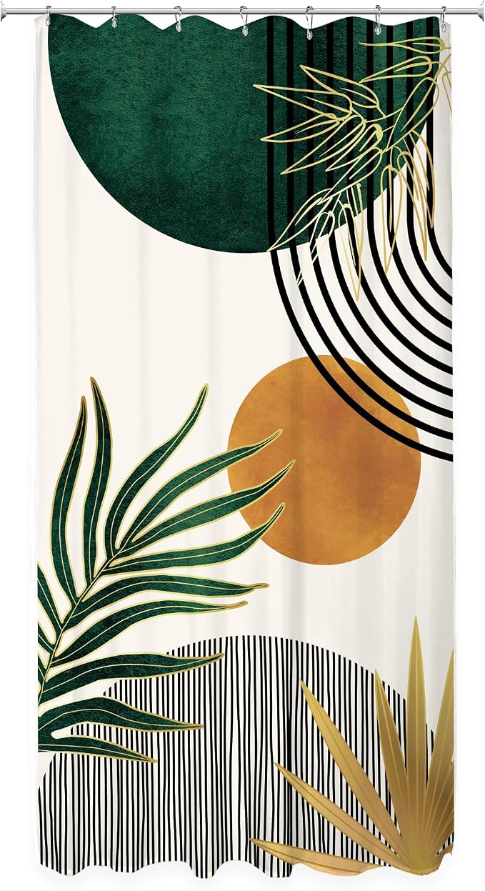 KOMLLEX Small Stall Mid Century Green Boho Half Bathroom Shower Curtain Set | 36Wx72L Abstract S design, waterproof HD print with fast-drying fabric and 12 hooks.