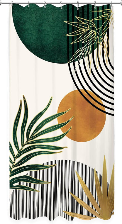 KOMLLEX Small Stall Mid Century Green Boho Half Bathroom Shower Curtain Set | 36Wx72L Abstract S design, waterproof HD print with fast-drying fabric and 12 hooks.