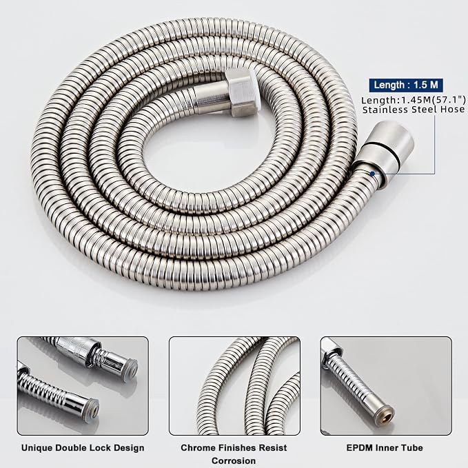 Handheld Shower Head，High Pressure Brushed Nickel Shower Head,Water Saving Detachable Shower Wand with Solid Brass Body and 5 ft Flexible Hose, Easy to Clean and Durable