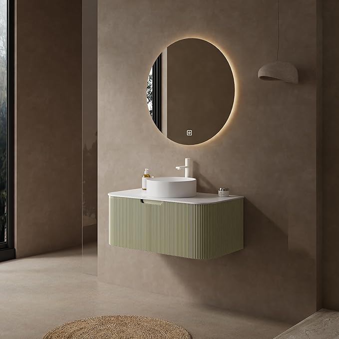 36'' Bathroom Vanities Cabinet with Sink Combo, Wall Mounted Floating Cabinet W/Curved Edges Stripes, Oak Plywood, Soft-close System with a Drawer, White Round Ceramic Basin - Kiel. Light Green