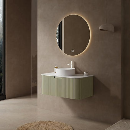 36'' Bathroom Vanities Cabinet with Sink Combo, Wall Mounted Floating Cabinet W/Curved Edges Stripes, Oak Plywood, Soft-close System with a Drawer, White Round Ceramic Basin - Kiel. Light Green