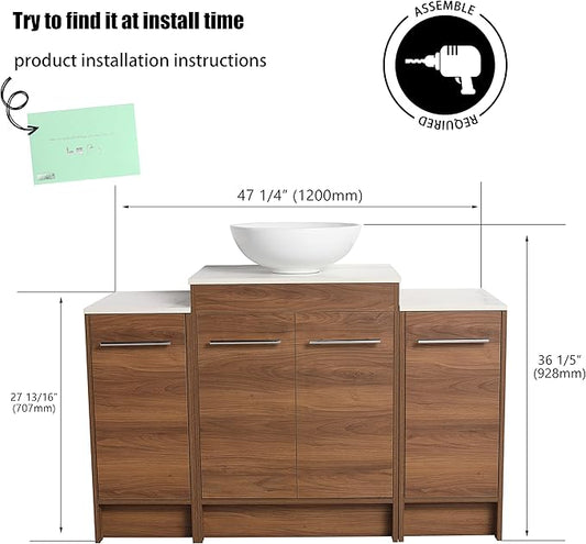 48" Bathroom Vanity, 48 Inch Freestanding Vanity with Ceramic Vessel Sink, Modern Single Sink Bathroom Vanity Combo, Brown Floor Stand Large Storage Cabinet Set (BRE321, 48 * 18)