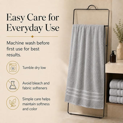 Velqora Bath Towels, 4 Pack, 30x60 in, 100% Cotton, Soft, Light Gray | Absorbent Terry | Balanced Weight | Easy Care