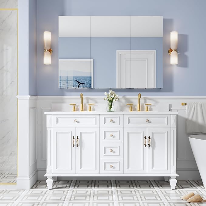 52" x 36" Bathroom Medicine Cabinet with Mirror, Anodized Chrome Aluminum Frame, Surface Mount or Recessed Medicine Cabinet with Mirror, Bathroom Mirror with Storage, Three Doors